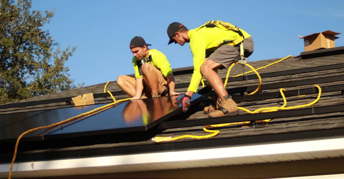 Dos técnicos instalando un panel solar sobre el techo de un edificio